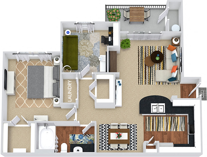 Floor plan for 1 bed, 1 bath, 905 sqft